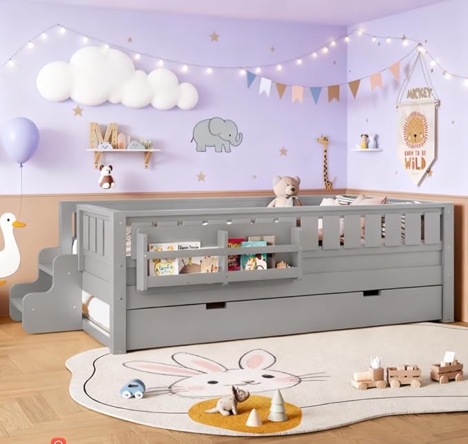 Bellemave Twin Size Kids Bed with high Rails and with Built-in Bookshelf and Trundle for Kids, Girls, Boys, Wood Montessori Bed Without Door, Gray