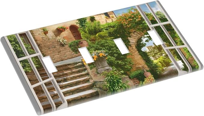 Mediterranean Greece Scene Flowers Quad Toggle Wall Plate Covers Decorative 4-Gang Wall Plates Italian Town from Another Window Electrical Switchplate for Bathroom Bedroom Kitchen Decor 4.5 X 8 In