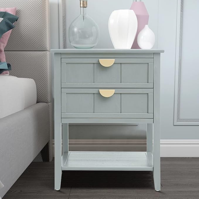 PElHONGET Nightstand with 2 Drawers, End Table Mid Century Modern Side Table with Shelf Storage, Bed Night Stand with Metal Handles Wood Accent Table for Bedroom, Living Room(Olive Green)