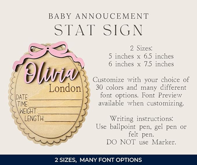 Personalized Baby Announcement Sign with Bow, Custom Wooden Name, Birth Stat Plaque – Scalloped Edge Newborn Photo Prop & Nursery Keepsake (Stat Sign)