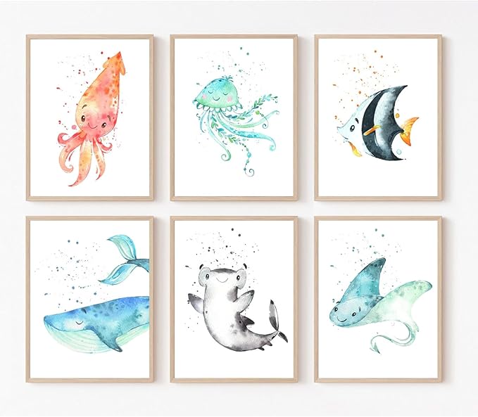 Wodkwq Nursery Wall Art Sea Animal Canvas Prints Baby Girl Boy Room Decor Watercolor Paintings Pictures Cute Ocean Theme Toddler Room Decoration Set of 6 for Kids Bedroom Bathroom 8x10in Unframed