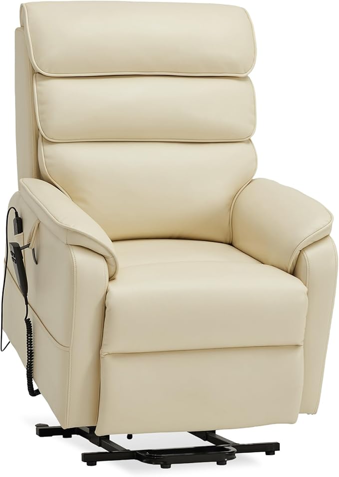 DYNOX 350 LBS Power Lift Recliner Chair for Elderly, Medium Size Dual Motor Lay Flat Infinite Positions Recliner with Heat & Massage(9188,Faux Leather,Cream)