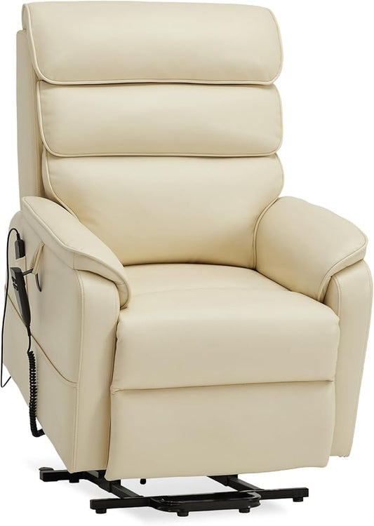 DYNOX 350 LBS Power Lift Recliner Chair for Elderly, Medium Size Dual Motor Lay Flat Infinite Positions Recliner with Heat & Massage(9188,Faux Leather,Cream)