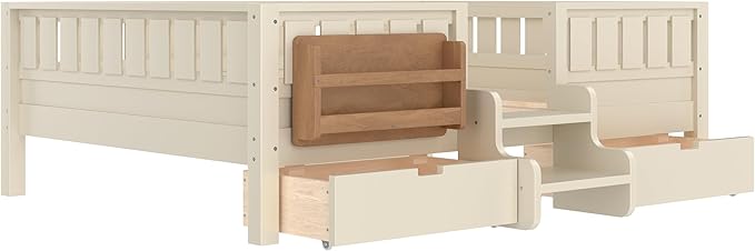 Bellemave Full Size Kids Bed with high Rails and with Built-in Bookshelf and Drawers for Kids, Girls, Boys, Wood Montessori Bed Without Door, Beige