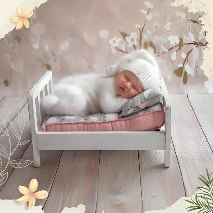 Newborn Photography Props Bed Old-Fashioned Craftsmanship Newborn Photo Props Retro Old Style Baby Photo Props Wooden Bed Infant Photoshoot Props Studio Baby Doll Bed Wooden Play Bed for Dolls, White