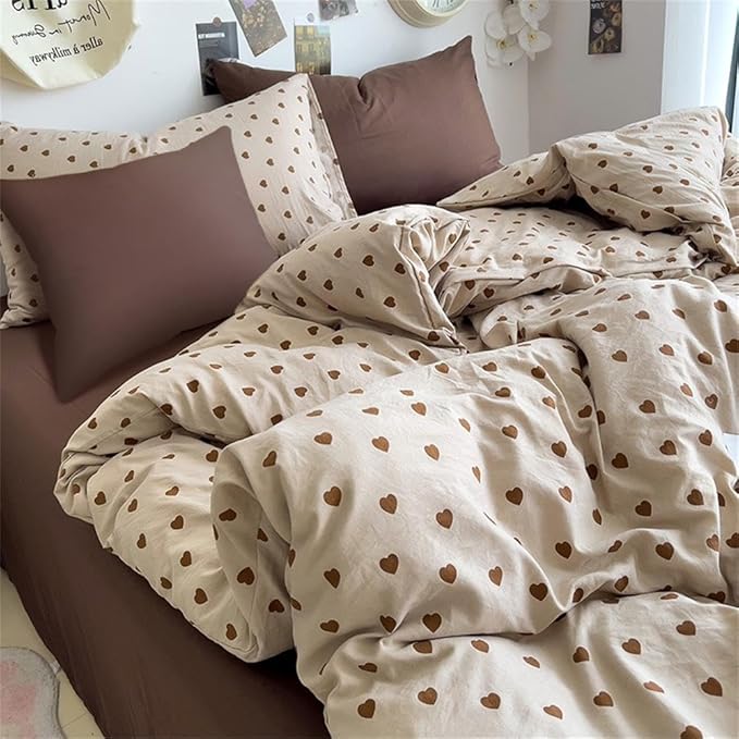 Cute Heart Duvet Cover Queen Size Brown Love Pattern Bedding Set Kids Boys Girls Heart-Shaped Printed Soft Breathable Microfiber Comforter Cover 3Pcs with 2 Pillowcases