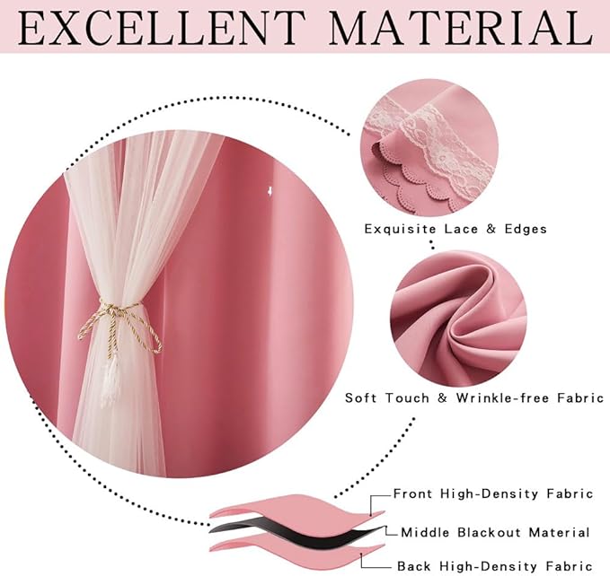 Pink Curtains for Girls Room - Aesthetic Star Cutout Blackout Double Layer with Sheer Overlay, 72 Inch Length 1 Panel Kids Bedroom Curtain Cute Nursery Decor Drapes