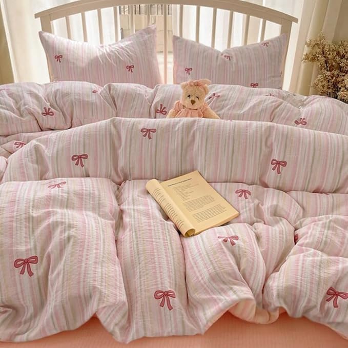Striped Duvet Cover Queen Size Pink Bow Bedding Set Kids Boys Girls Princess Style Bowknot Coquette Reversible Soft Microfiber Duvet Cover Set 3 Pieces with 2 Pillowcases
