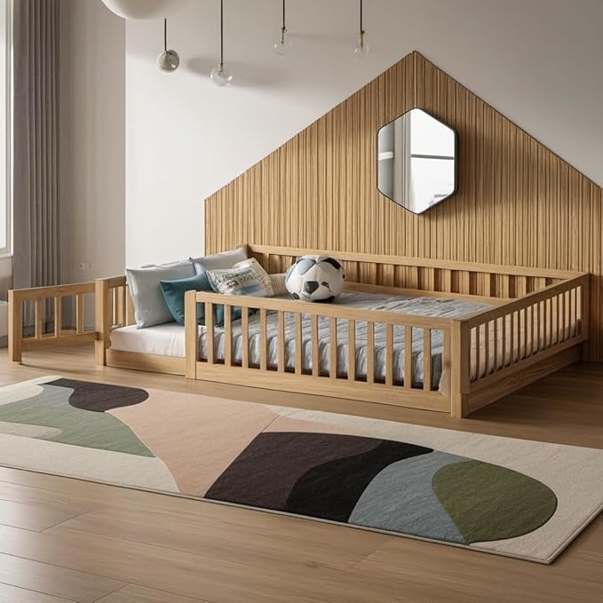 Twin Size Montessori Floor Bed Frame with Door,Wood Montessori Bed w/Guardrails & Wood Slats for Girls & Boys,Natural