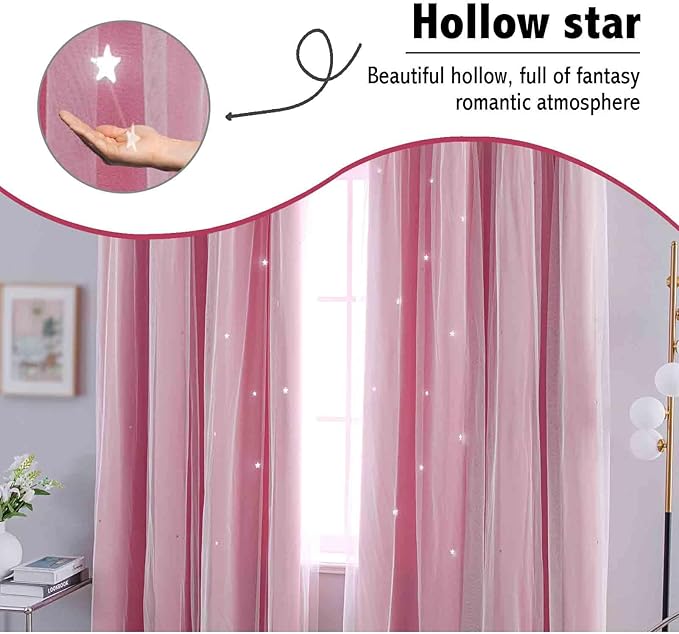 Anytime Romantic Kids Curtain,Hollow-Out Stars Window Curtain Double Layer Blackout Curtains for Girls Bedroom Kids Room 2Panel,(W52 x L72,Pink)