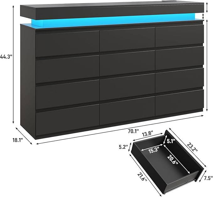 12 Drawer Dresser for Bedroom, 70" Wide 44" Tall Dresser with LED Light & Charging Station, Modern Chest of Drawers for Closet, Living Room, Entryway, Hallway (Black, 12 Drawers)