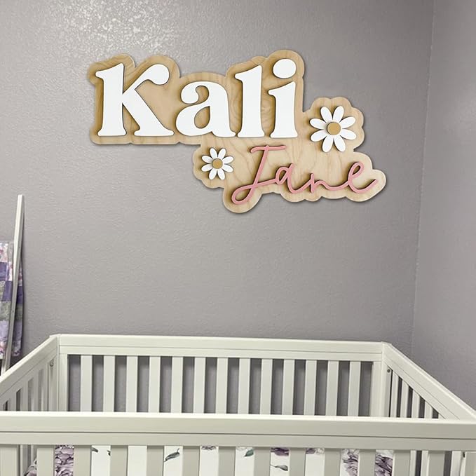 Personalized Wooden Nursery Name Sign, Custom Baby Room Wall Decor with Daisy Flowers, Kids Bedroom Name Plaque, Playroom or Newborn Gift, Keepsake Gift Sign for Boys & Girls