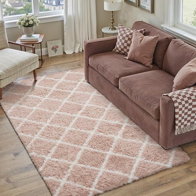 5x8 Checkered Rug for Bedroom Pink and White Modern Soft Area Rug Fluffy Non-Slip Carpet for Living Room Playroom Home Aesthetic Decor