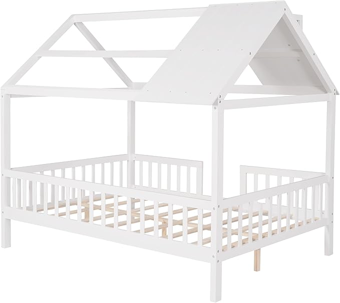 Bellemave Full House BedFrame with Roof, Montessori Floor Bed, House Bed with Rails for Kids, White