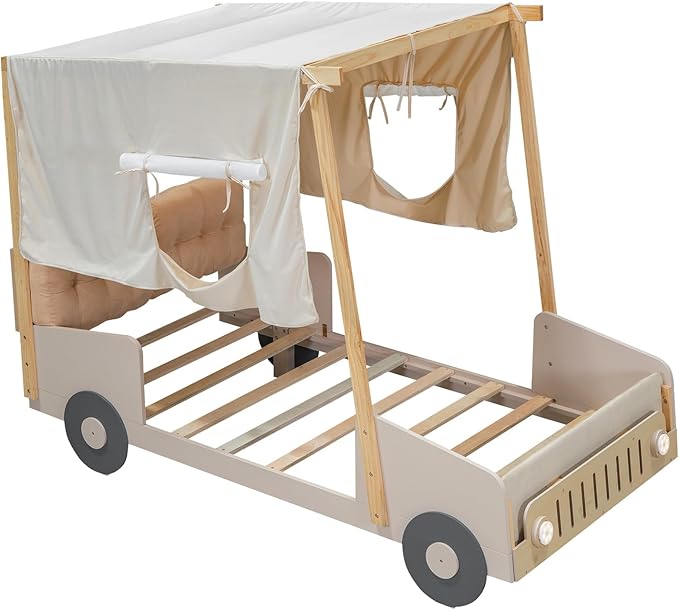 Twin Size Car Bed with Car-Light Shape LED & Pillow,Wooden Kids Bedframe W/Magazine Holder & Ceiling Cloth,Toy Bedroom Furniture for Boys Kids Toddlers Child,Natural