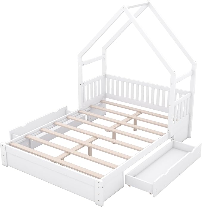 Merax Wood Queen Size House Platform Bed with Guardrail and 2 Drawers, Wooden Bedframe for Boys Girls Adult, No Spring Box Needed, White