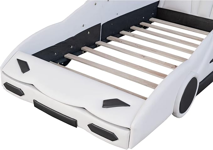 Twin Size Car-Shaped Platform Bed with Wheels,Automotive Design Bed Frame w/Rails and Slat Support for Kids Boys Girls Teens, Easy Installation, Gray
