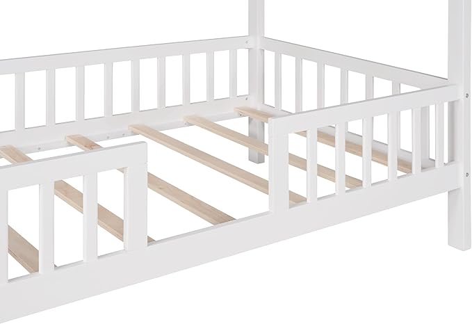 Merax Twin House Bed for Kids,Wood Twin Bed Frame House-Shaped Bed Platform Bed Frame with Roof Windows and Full-Length Safety Rails White