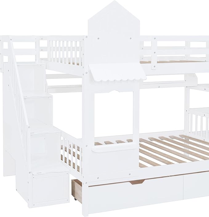 Full-Over-Full Castle Style Bunk Bed with 2 Drawers and 3 Shelves, Wood Bunk Bed Frame with Slide and Storage Staircase for Kids Teens Boys Girls, Maximize Space Savings (White +Full-3)