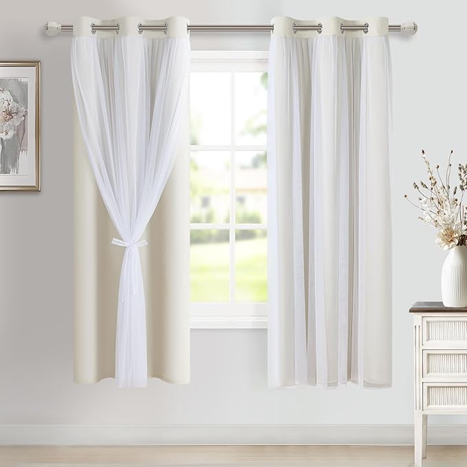 DWCN Blackout and Sheer Curtains with Tiebacks Layered Curtains for Living Room Grommet Top Window Curtain Panels with Sheer Overlay, 38 W by 63 L, Ivory, 2 Pieces