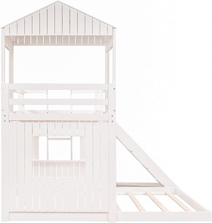 MERITLINE House Bed Bunk Beds with Slide Twin Over Full Size Bunk Bed Frame with Slide,Wooden Playhouse - Design Slide Bunk Beds Twin Over Full Bunk for Boys and Girls