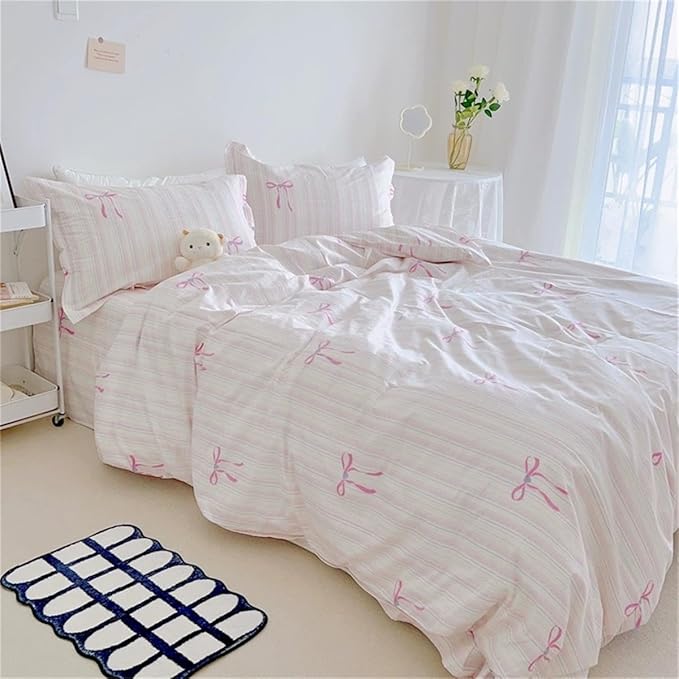 Pink Striped Duvet Cover Queen Size Bow Bedding Set 3 Pieces Kids Boys Girls Princess Style Bowknot Heart Pattern Stripe Reversible Coquette Soft Microfiber Duvet Cover Set with Zipper Closure