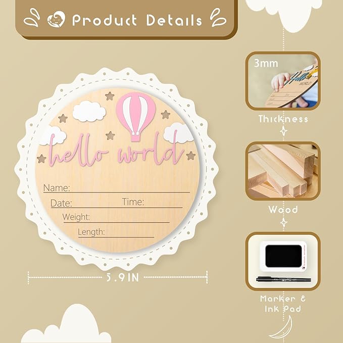 Baby Birth Announcement Sign with Marker Pen, Hot Air Balloon and White Cloud Baby Name Sign with Ink Pad, Hello World Newborn Announcement Nursery Decor Keepsake Gifts (Pink)