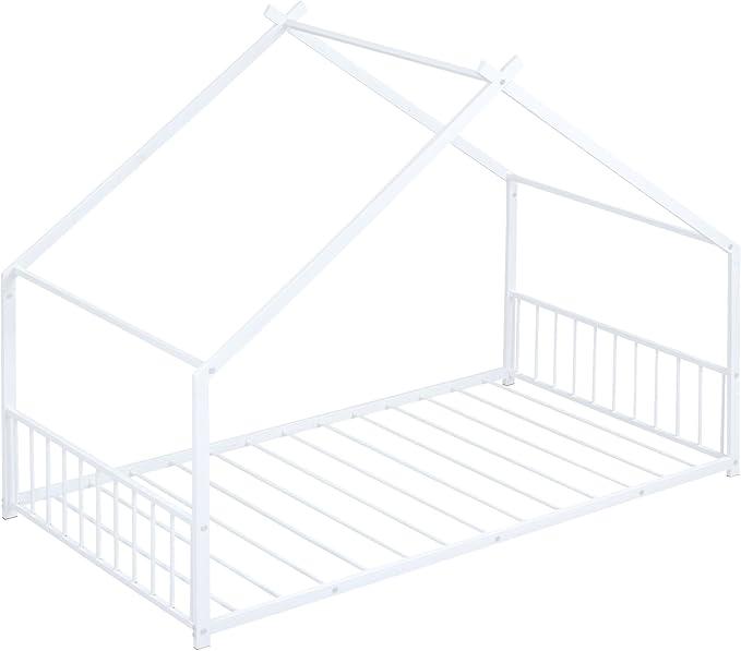 Twin Size House Shaped Montessori Platform Beds, Wood Floor Bed Frame with Roof and Fence Deisgn, Kids Double Toddler Bed for Children Boys Girls, Easy Assemble, No Box Spring Needed, White