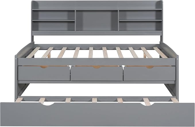 Harper & Bright Designs Full Size Captain Bed with Built-in Bookshelves/3 Storage Drawers/Trundle, Wooden Full Daybed Bed Frame for Kids Teens Dorm Bedroom Multipurpose Guest Room, Light Grey