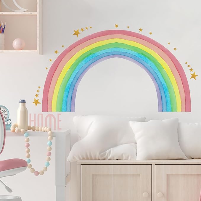 Large Watercolor Rainbow Wall Stickers, Star Colorful Peel and Stick Wall Decals, Baby Room Nursery Kids Bedroom Art Wall Decor
