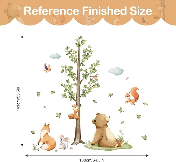 Tanlaby Forest Animals Tree Wall Decals Bear Fox Safari Wall Stickers Peel and Stick Large Green Tree Art Decor for Baby Nursery Kids Toddler Bedroom Playroom