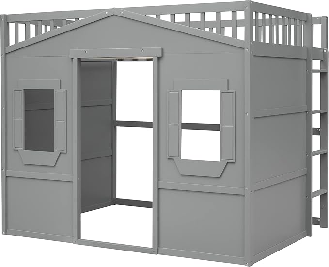 Full Size Loft Bed with Safety Guardrail for Kids Boys Girls, Playhouse Design Solid Wood Loft Bed Frame with Ladder and Windows, Strong Wood Slats Support, Space-Saving (Gray)