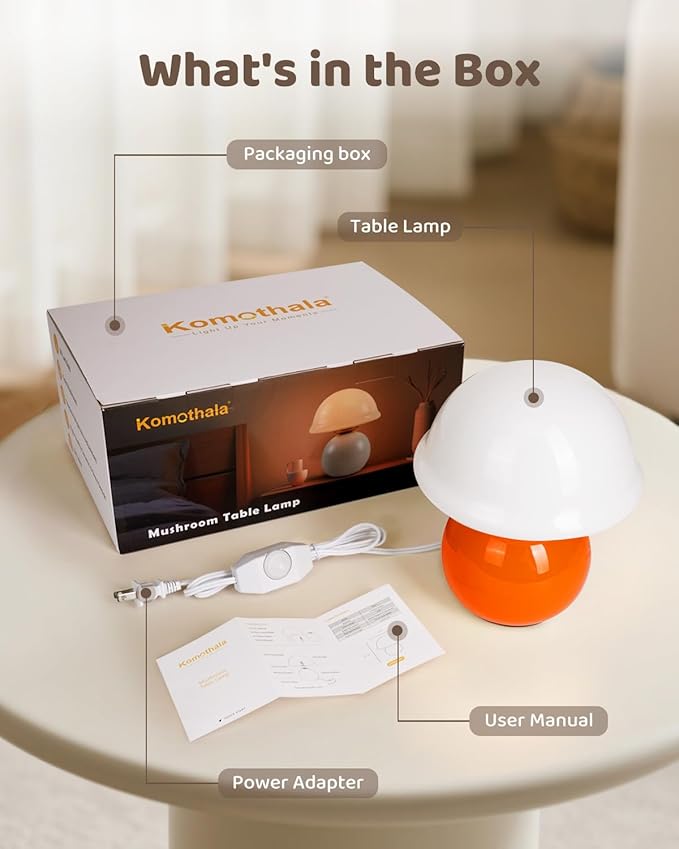 Mushroom Lamp for Bedroom, Cute Small Bedside Table Lamp with Glass Lampshade, Dimmable Nightstand Lamp Mid Century Modern Lamp for Home Living Room Decor (Orange)