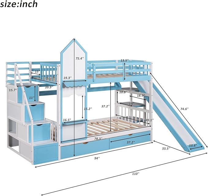 MERITLINE Twin Over Twin Castle Bunk Bed with Slide,Stairs and Drawers,Solid Wood Floor House Princess Bunk Bed with Storage Shelves (Blue)