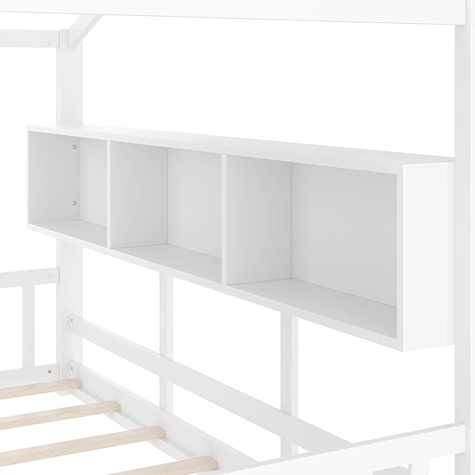 Full Size Floor House Bed with Roof and Window for Kids, Wooden Playhouse Bed with Storage Shelves for Bedroom Furniture Girls & Boys (White/L1, Full)