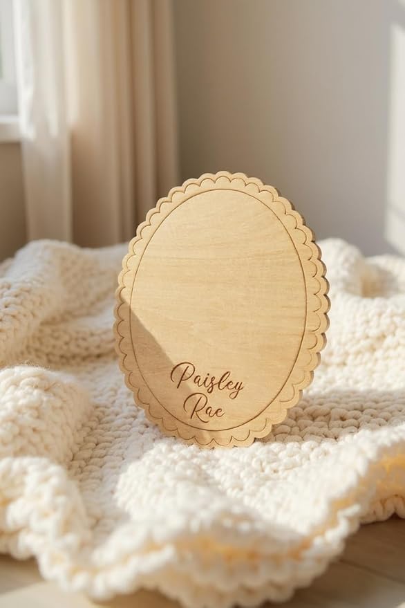 Personalized Engraved Scallop Edge Baby Name Sign, Birth Announcement Plaque, Baby Shower - Newborn Keepsake (All 3 Signs Bundle)