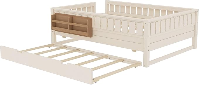 Bellemave Full Size Kids Bed with high Rails and with Built-in Bookshelf and Trundle for Kids, Girls, Boys, Wood Montessori Bed Without Door, Beige