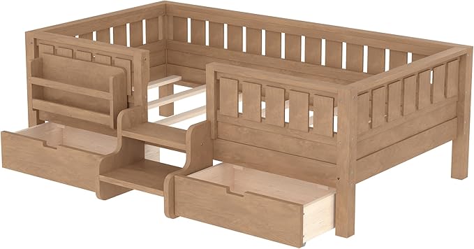 Bellemave Twin Bed with Slats and Stairs, Twin Size Platform Bed Frame with Fence, Bookshelf and Storage Drawers, Easy Assemble Beds for Kids, Girls, Boys, Natural