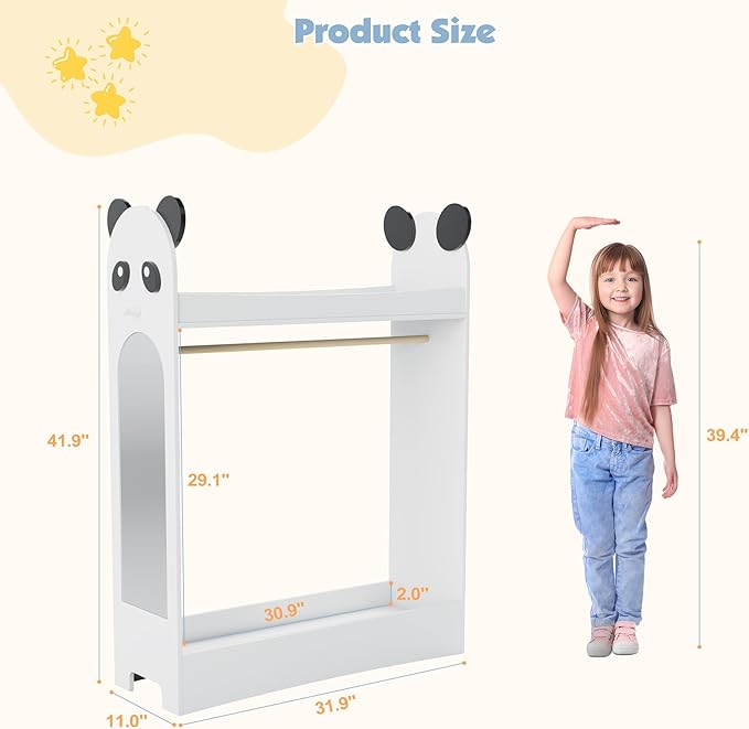 Kids Dress Up Storage Rack Mirror Wood Child Wardrobe 2 Hooks 2 Fabric Bins Toddler Closet Girls Boys Open Hanging Armoire Storage Shelf Coat Costume Hat Shoe (White)