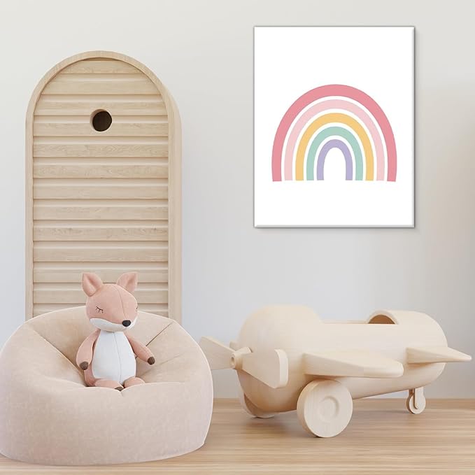 Cute Rainbow Nursery Canvas Wall Art Print Pastel Rainbow Poster Painting Wall Decor for Nursery Toddler Girls Room Bedroom Kids Playroom 8x10 Framed