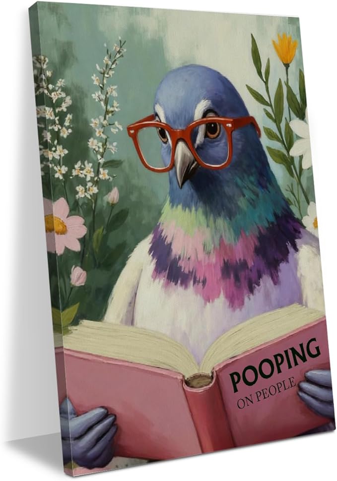 Funny Pigeon Humorous Bird Reading Book Lovers Gifts Poster Wall Decor Canvas Wall Art Framed Artwork Bookworm Posters Painting for Home Library Office Study Bathroom Decorations 11.5X14.5 Inch