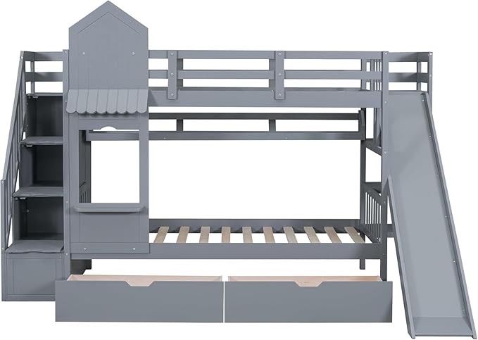 MERITLINE Twin Over Twin Castle Bunk Bed with Slide,Stairs and Drawers,Solid Wood Floor House Princess Bunk Bed with Storage Shelves (Grey)