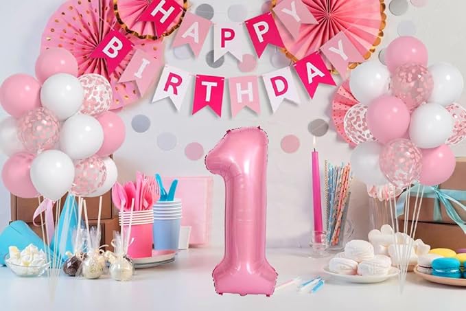 First Birthday Decorations for Girl - Pink Balloon Set With White Confetti, 40-inch '1' Balloon and Happy Birthday Banner for Baby Princess
