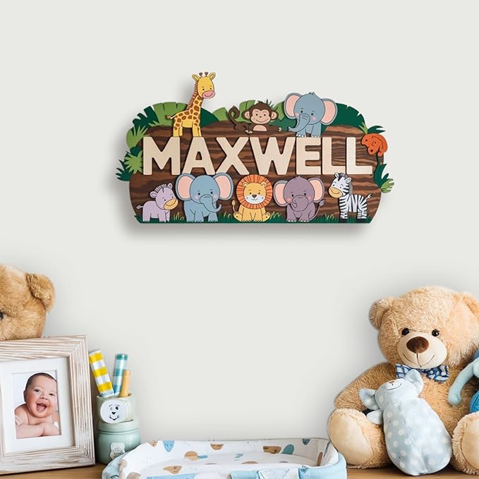Personalized Nursery Sign, Woodland Animals Wooden Sign with Name, Hello World Newborn Sign, Animals Sign for Kid Room Decor, Baby Gifts for Girl, Custom Baby Name Sign, Baby Wall Art Bedroom