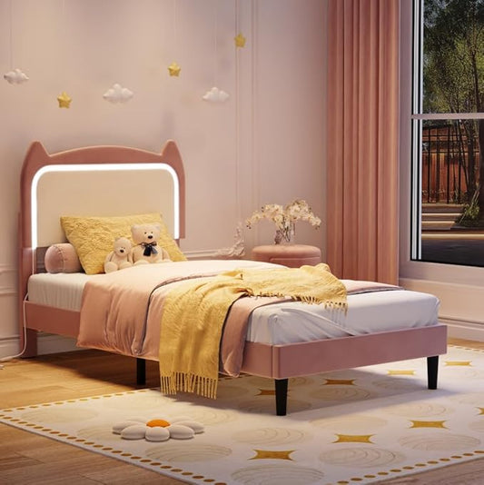 Garvee Twin Upholstered LED Bed Frame with Cute Cat Headboard, Velvet Princess Platform Bed Frame with Sturdy Wood Slats Support for Girls/Kids, No Box Spring Needed, Pink