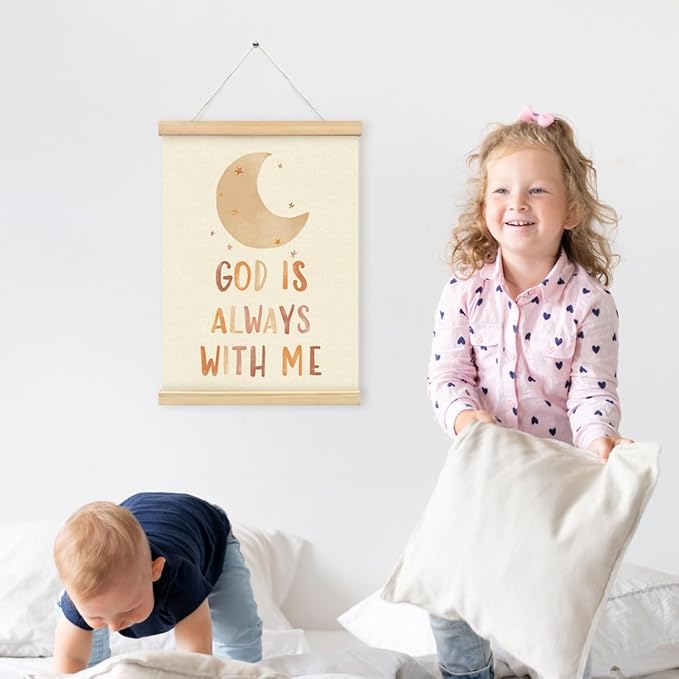 PLKMN Christian Nursery Wall Decor, God is Always with Me Wall Art with Wooden Poster Hanger, Boho Moon Christian Wall Decor for Nursery Kids Room Sunday School Preschool Classroom, 12x16 Inch