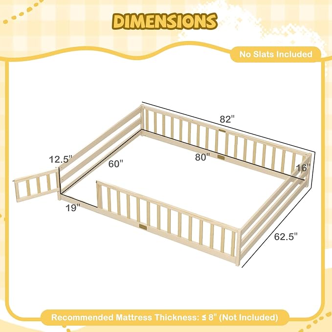 Giantex Queen Floor Bed with Door & Fence, Kids Wood Montessori Beds with Safety Guardrails, Floor Bed Twin for Kids, Boys, Girls, No Box Spring Needed, Natural