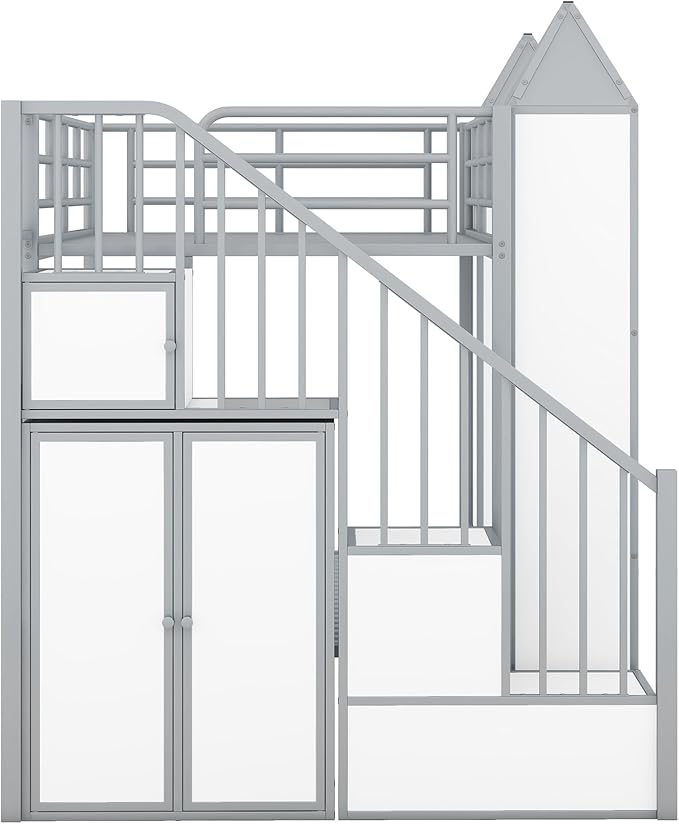 Twin Over Twin Castle-Shaped Bunk Bed with Wardrobe and Multiple Storage, Metal Bunk Bed with Storage Staircase and Safety Guardrail for Kids Teens Boys Girls Bedroom (White+Gray)