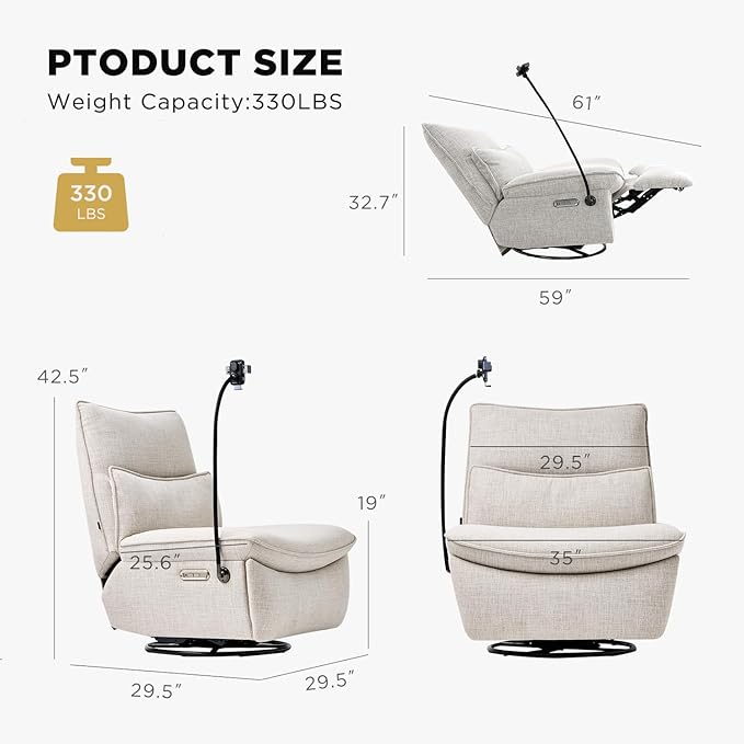 Nouhaus Swivel Nursery Recliner Glider, Oversized Electric Rocker Recliner Chair with USB & Type-C Port, Wireless Charger Phone Holder, Reclining Rocking Chair for Nursery (Snooze Modern, Elder White)