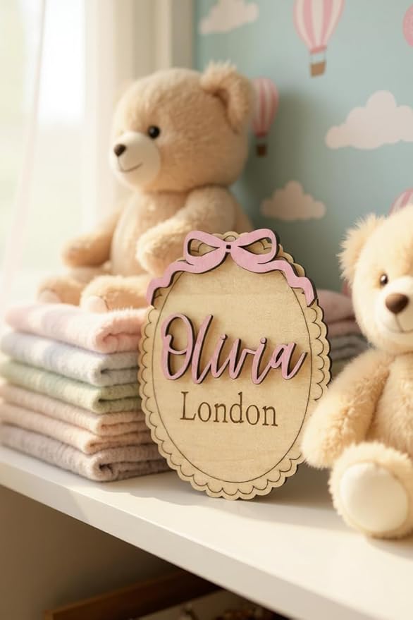 Personalized Baby Announcement Sign Bundle – Set of 3 Custom Wooden Name, Birth Stat & Blank Plaques – Scalloped Edge Newborn Photo Prop & Nursery Keepsake (Bundle 3 Sign Set)